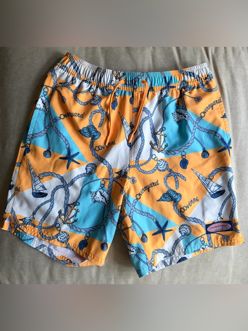 Size XS Vineyard Vines Orange, Blue & White Nautical Print Men's Swim Shorts